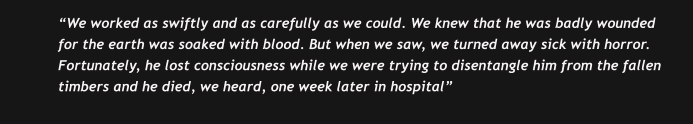 “We worked as swiftly and as carefully as we could. We knew that he was badly wounded for the earth was soaked with blood. But when we saw, we turned away sick with horror.  Fortunately, he lost consciousness while we were trying to disentangle him from the fallen timbers and he died, we heard, one week later in hospital”