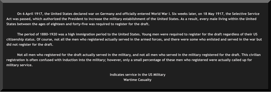 On 6 April 1917, the United States declared war on Germany and officially entered World War I. Six weeks later, on 18 May 1917, the Selective Service Act was passed, which authorized the President to increase the military establishment of the United States. As a result, every male living within the United States between the ages of eighteen and forty-five was required to register for the draft.  The period of 1880-1920 was a high immigration period to the United States. Young men were required to register for the draft regardless of their US citizenship status. Of course, not all the men who registered actually served in the armed forces, and there were some who enlisted and served in the war but did not register for the draft.  Not all men who registered for the draft actually served in the military, and not all men who served in the military registered for the draft. This civilian registration is often confused with induction into the military; however, only a small percentage of these men who registered were actually called up for military service.     Indicates service in the US Military  Wartime Casualty